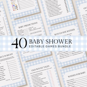 May include: A bundle of 40 editable baby shower games. The games have a light blue gingham pattern background. The game titles include "Baby Predictions", "Would She Rather", and "Old Wives' Tales".