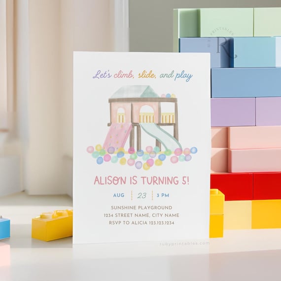 Editable Watercolor Playground Birthday Party Invite Template, Play in the Park, Let's Jump Run Slide Climb, Girl Pastel Invite