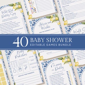 May include: A bundle of 40 editable baby shower games. The games feature a blue and white floral design with lemon accents. Game titles include "What Did Daddy Say" and "Baby Predictions".