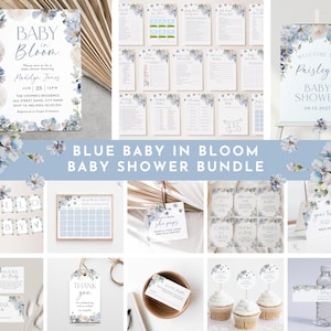 Bundle complet baby shower en fleurs, modèle d'invitation, enseignes baby shower fleurs bleues, jeux baby shower, fleurs bleues élégantes