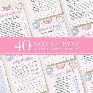 以下が含まれることがあります： 「Baby Shower Editable Games Bundle」と書かれたピンク色のバナーが付いたベビーシャワーゲームバンドル。「What did daddy say」、「Advice and Wishes」、「Baby Predictions」、「Mommy or Daddy」のゲームが含まれています。各ゲームにはドーナツのグラフィックがあります。