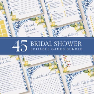 Puede incluir: Un conjunto de juegos imprimibles para la despedida de soltera con un diseño floral azul y blanco y limones. El paquete incluye 45 juegos editables con varias actividades e indicaciones. Se muestra el texto "45 BRIDAL SHOWER EDITABLE GAMES BUNDLE".