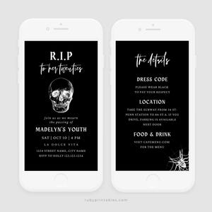 RIP Twenties Party elektronische Einladung, RIP 20s Party Evite, 30.Geburtstag, Tod der Jugend, Goth, Halloween, Telefontext einladen