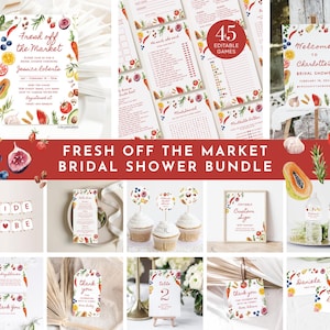 May include: A bridal shower bundle with a fresh off the market theme. The bundle includes a welcome sign, invitations, games, cupcake toppers, table numbers, thank you tags, and a bride to be banner. The design features watercolor illustrations of fruits, vegetables, and herbs.