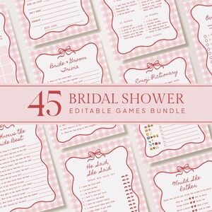May include: A 45-piece bridal shower editable games bundle featuring pink and white gingham patterned paper with red text and bow illustrations. The collection includes various activity sheets like Bride and Groom Trivia, Emoji Pictionary, He Said She Said, and Would She Rather.