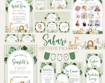 Wild One Safari Animals First Birthday Bundle: Invite, Games, Signs, and More (Editable Canva Templates)