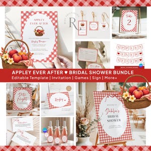 May include: A bridal shower bundle with a red and white gingham theme. The set includes invitations, signs, and banners. The text "Appley Ever After" is featured prominently, along with images of apples and baskets. The bundle is designed for a bridal shower.
