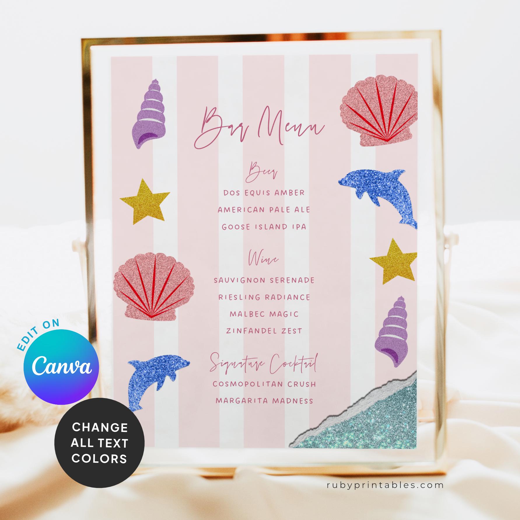 Editable Beach Party Bar Menu Template: Coastal Bridal Shower, Pink ...