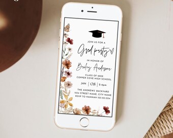 May include: A digital phone screen displaying a graduation party invitation with a floral design. The invitation reads "Join us for a Grad Party" in honor of "Briley Anderson" for the class of 202X at Copper Cove High School. The party is scheduled for January 08 from 2-4pm at The Andrews' Backyard, 1234 Street Name, City Name. RSVP to Hannah at 123.123.1234.