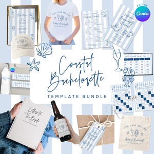 May include: A coastal bachelorette template bundle with a light blue and white striped background. The bundle includes a t-shirt, hat, invitation, schedule, and other stationery items. The text "Coastal Bachelorette Template Bundle" is displayed.