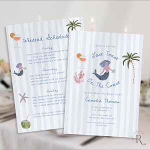 May include: A blue and white striped invitation with a mermaid illustration and the text "Last Toast On The Coast" to celebrate the bride-to-be, Camelia Thomas. The invitation includes the date, location, and RSVP information.
