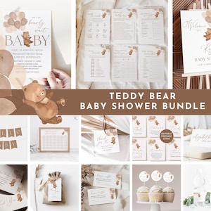 Ensemble complet Boho nounours pour baby shower, modèle d'invitation, jeux modifiables pour baby shower, plaque de bienvenue, étiquette, marque-place
