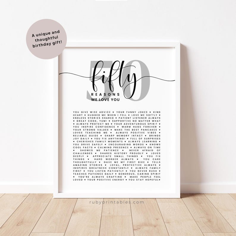 May include: A printable poster with a black and gray design. The poster features the text "fifty reasons we love you" and a list of reasons in black text on a white background.