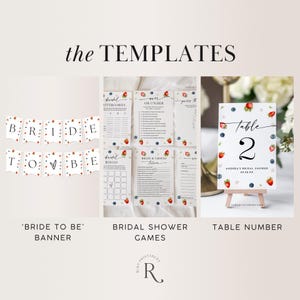 May include: A set of printable bridal shower templates featuring a red and blue floral design with strawberries and blueberries. The templates include a 'Bride to Be' banner, bridal shower games, and a table number.