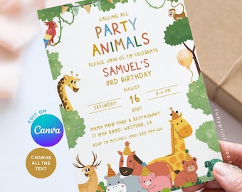 Party Animals Birthday Invitation Template, Safari Bday Invite Editable Canva (Digital Download)
