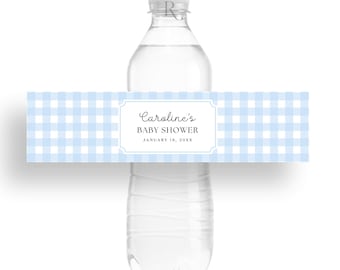 Blue Gingham Water Bottle Label Template: Editable Party Favor (8x2", Editable in Canva)