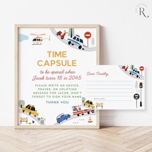 Editable Transportation Time Capsule Card, Time Capsule Sign, Baby Shower Game, Birthday Keepsake, Emergency Vehicles, Cars and Trucks