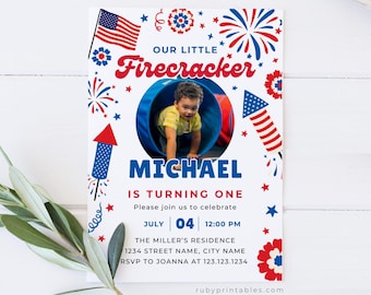Little Firecracker First Birthday Invitation Template, 4th of July, Patriotic, Kids Birthday Invite with Photo, USA Independence Day Themed