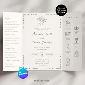 Handgezeichnete Klapp-Einladung, Hochzeitseinladungs-Empfangskarte Moderne Amor, wunderliche Timeline-Invite-QR-Code, Canva Edit W9