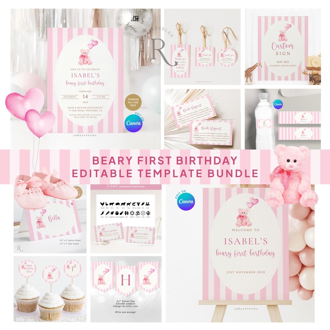 Pink Teddy Bear Birthday BUNDLE, Beary 1st Bday Invitation Decor, Canva ...