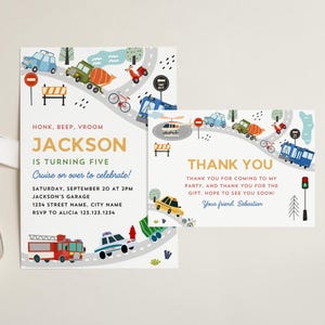 Faire-part d'anniversaire de transport et carte de remerciement, voitures, camions, invitation d'anniversaire, modèle d'invitation d'anniversaire, véhicules d'urgence