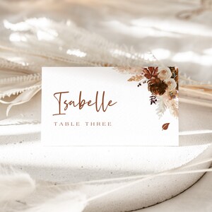 Marque-places floral bohème modifiable + modèle d'icône de nourriture, marque-places minimalistes sous tente plate, fleur en terre cuite, cartes de visite de mariage, étiquette d'aliment