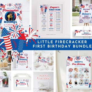 Little Firecracker First Birthday Invitation Bundle, 4th of July, Patriotic, Kids Birthday Party Signs Decor, USA Independence Day