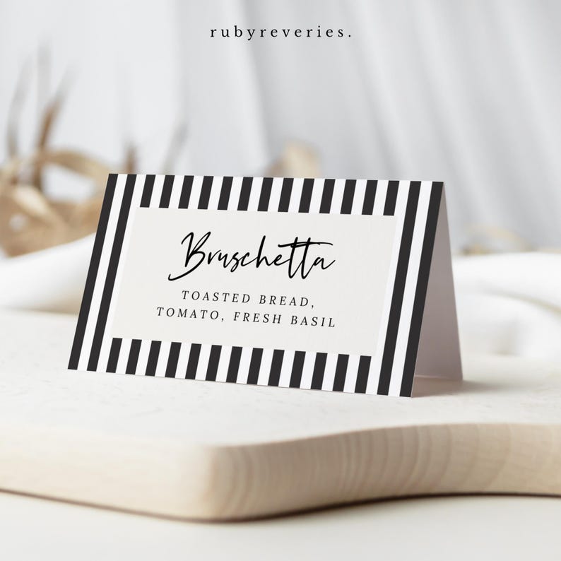 Food Label Template: Buffet Cards Tags, Black White Stripes Table Decor ...