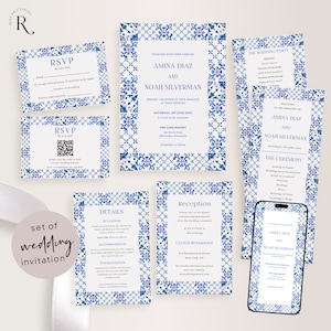 Bruiloft uitnodigingsset, bruiloft uitnodiging suite sjabloon, traditioneel mediterraan Marokkaans boho blauw, Details RSVP-programma, mediterraan, Z4