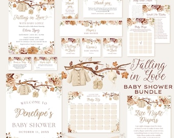 Falling in Love Baby Shower Invitation Bundle, Autumn Rust Floral Baby Clothesline (Editable Canva Templates)