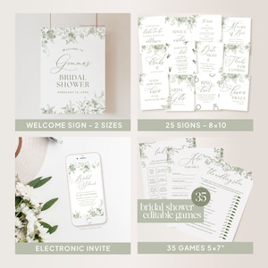May include: A set of printable bridal shower decorations featuring a green floral design. The set includes a welcome sign, 25 signs, and 35 games. The signs are 8x10 inches and the games are 5x7 inches.
