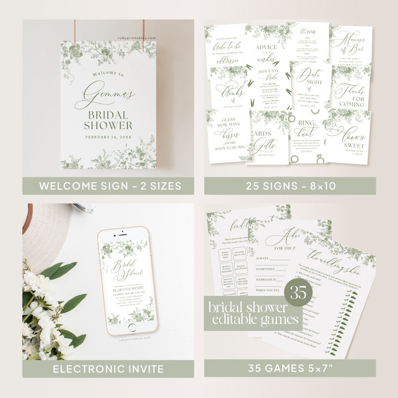 May include: A set of printable bridal shower decorations featuring a green floral design. The set includes a welcome sign, 25 signs, and 35 games. The signs are 8x10 inches and the games are 5x7 inches.
