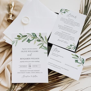 Invitación de boda con tema de olivos, tarjeta RSVP editable, tarjeta imprimible con detalles de boda, rama de olivo con vegetación, papelería de boda DIY