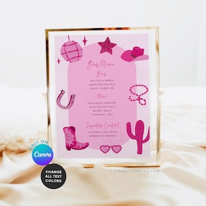 May include: A pink and gold framed bar menu with a western theme. The menu includes beer, wine, and signature cocktails. Decorative elements include a disco ball, star, cowboy hat, horseshoe, and cactus. The text says "Bar Menu".