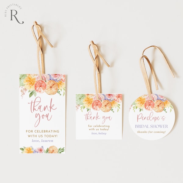 Editable Favor Tag, Round Label Template, Square Tag, Editable Template, Bridal Shower Tags, Bright Colorful Floral, Citrus Lemon Lime