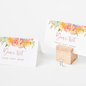 Modello modificabile per segnaposto, biglietti da visita piatti, apparecchiatura da tavolo, etichetta alimentare a tenda, fiori vivaci, fiori colorati, agrumi, pesca
