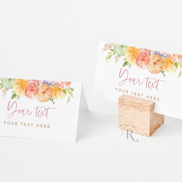 Editable Place Card Template, Flat Name Cards, Table Setting, Tented Food Label, Bright Flowers, Colorful Florals, Citrus, Peach