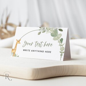 Marque-place modifiable Animaux de safari, Animaux de la jungle, Étiquette d'aliment pour baby shower, Étiquette de buffet, Carte de visite, Eucalyptus de verdure