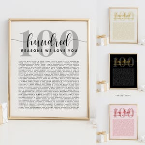 Modello 100 cose che amiamo di te, 100 motivi per cui ti amiamo, regalo di compleanno fai da te, cartello per la decorazione della festa del centesimo compleanno, mamma papà, BA61
