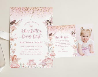 Editable Fairy First Birthday Invitation Bundle, Invite Template and Thank You Card Photo, Fae Kingdom, Enchanted Forest, Whimsical Garden