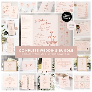 May include: A complete wedding stationery bundle with editable templates for instant download. The bundle includes a variety of items, such as invitations, save the dates, menus, and thank you cards. The design features a blush pink background with copper accents.