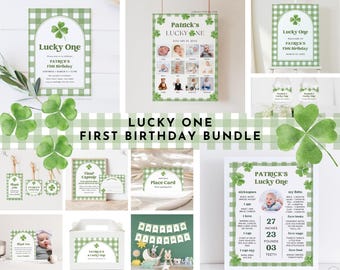 Bearbeitbares Lucky One Birthday Bundle, Saint Patrick, Klee, Willkommensschild, Einladungsvorlage, Dekoration zum ersten Geburtstag, Meilenstein, Fototafel
