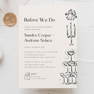 Modern Rehearsal Dinner Invitation Template: Champagne Doodle (Editable, Digital Download)