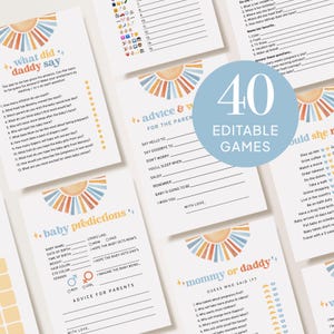 May include: A set of 40 printable baby shower games with a boho theme. The games feature a watercolor sunburst design in shades of orange, blue, and yellow. The games include "What Did Daddy Say", "Baby Predictions", "Advice for Parents", "Mommy or Daddy", and "Would She Rather".