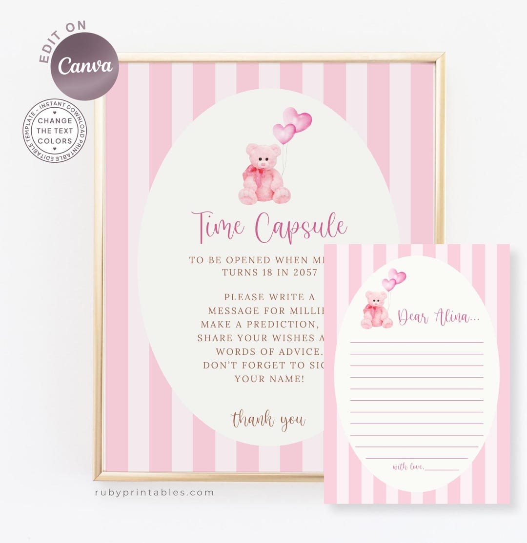 Time Capsule Sign Editable Template, Pink Teddy Bear Birthday Party ...