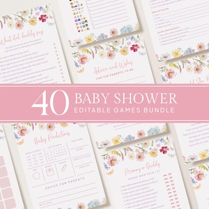 Wildflower Baby Shower Games Bundle: 40 Editable Templates (Digital Download)
