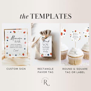 May include: Three printable templates for a bridal shower. The first template is a sign that says "Mimosa Bar" with a watercolor design of strawberries and blueberries. The second template is a rectangle favor tag that says "Thank You" with a watercolor design of strawberries and blueberries. The third template is a round and square tag or label that says "Natalie's Bridal Shower" with a watercolor design of strawberries and blueberries.