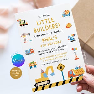 May include: A birthday party invitation with a construction theme. The invitation features colorful illustrations of construction vehicles and the text "Calling all Little Builders!" The invitation is for Khal's 4th birthday.