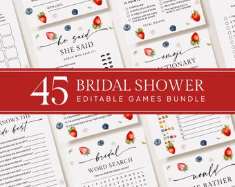 Zestaw gier na wieczór panieński „Bries Bridal Shower”: 45 edytowalnych szablonów (do pobrania w wersji cyfrowej)
