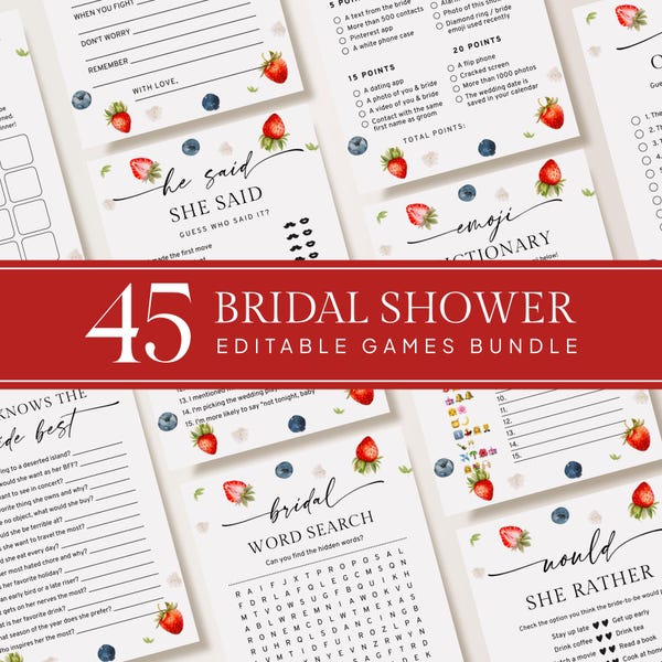 Berries Bridal Shower Games Bundle: 45 Editable Templates (Digital Download)